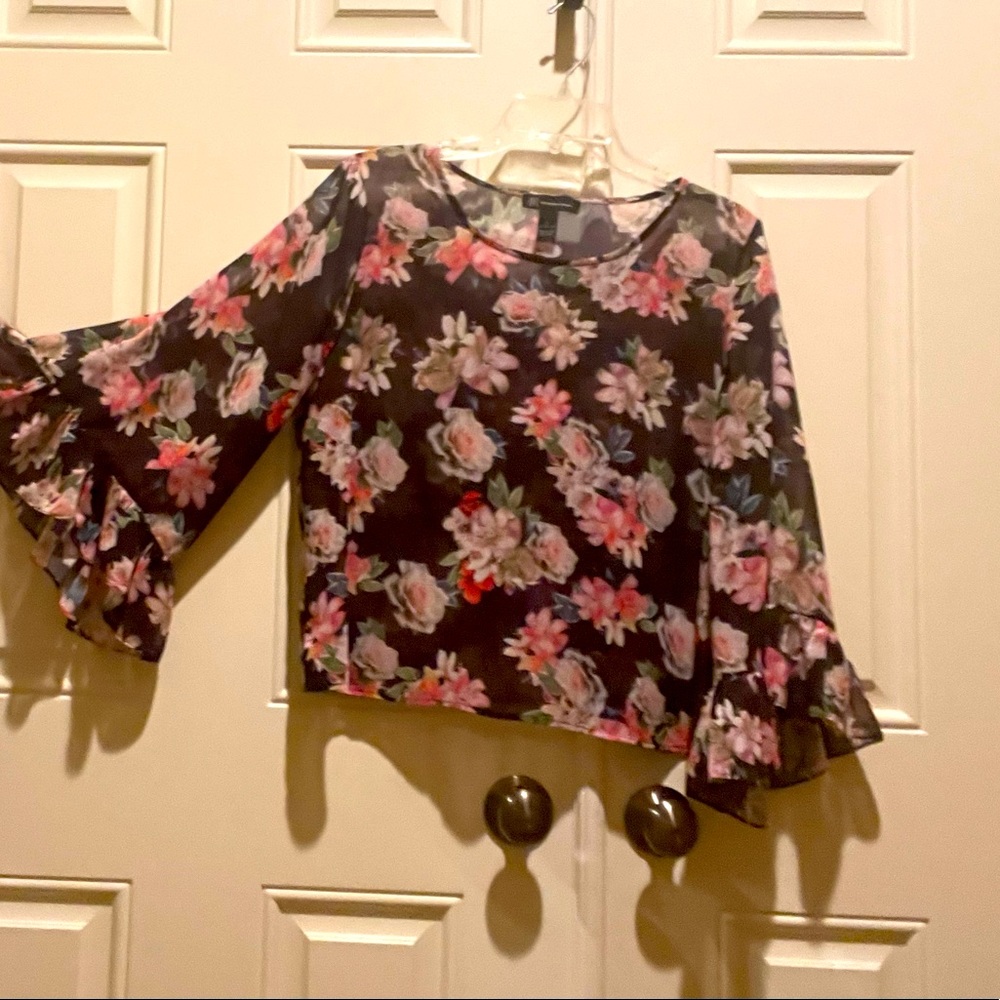 INC International Concepts Floral Sheer Blouse, Size L, Black floral